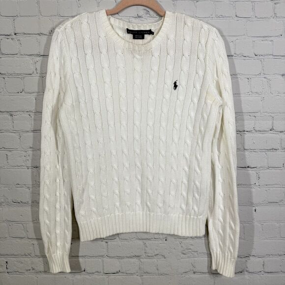 Ralph Lauren Sweater Blouse Women Large Logo Cable Knit 100% Cotton Long Sleeve - Picture 1 of 12
